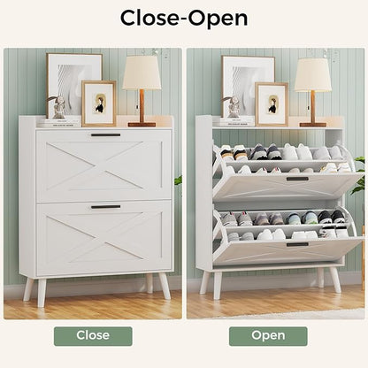 Homleke 32" W Farmhouse Shoe Storage Cabinet with 2 Flip Drawers and Barn Door Design, Adjustable Shelves, Modern Hidden Slim Narrow Shoe Rack Cabinet for Entryway, Foyer, Hallway, Living Room, White