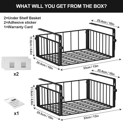 AmonHouseware 2 Pack Hanging Under Shelf Storage Basket,Adjustable Under Cabinet Add-on Storage Racks Slide-in Baskets Organizer for Laundry Room Kitchen Pantry Desk Bookshelf, Black