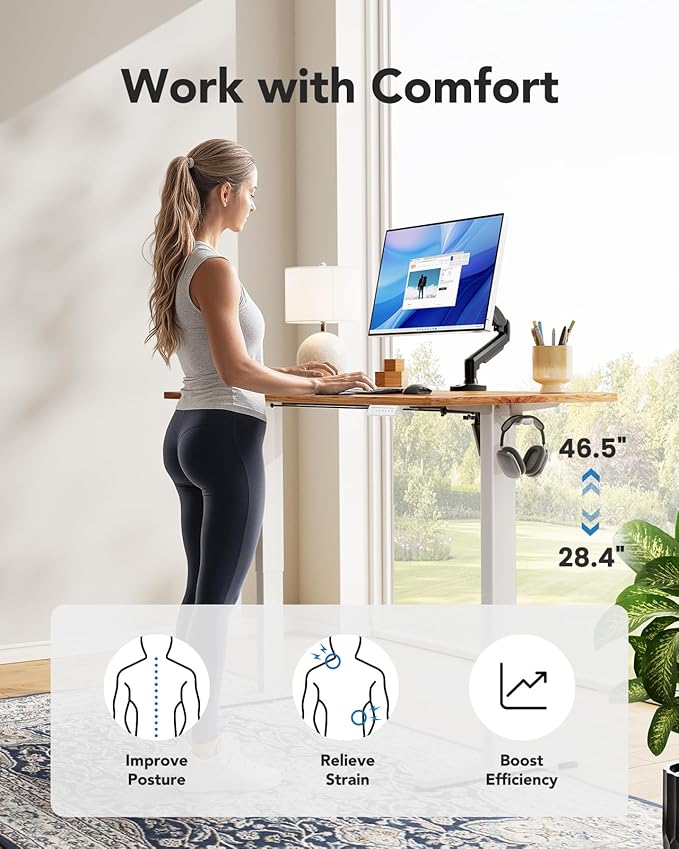 HUANUO Electric Standing Desk, Whole Piece Desktop, Adjustable Height Computer Desk, 4 Height Memory Settings, Sit Stand Up Desk for Home Office, 48" x 30", Light Vintage