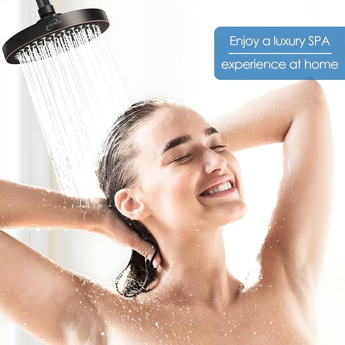 High Pressure Rainfall Shower Head, 6 Inches Showerhead with Perfect Adjustable Replacement, Removable Restrictor, Easy Installation for Bathroom Shower Head (Oil Rubbed Bronze+Shower Arm)