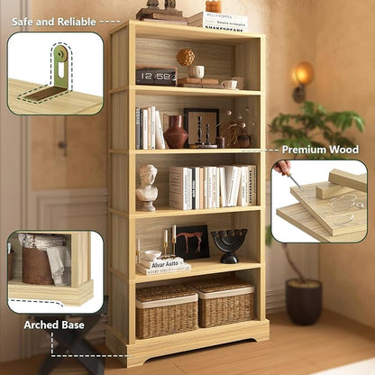 TVU 5-Tier Wooden Bookshelf, 65" Tall Farmhouse Style Open Bookcase, 31.5" W Standing Book Shelf with Storage, Suitable for Study, Living Room, Office, Natural Wood Color