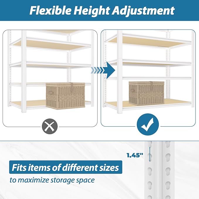 PrimeZone 28" W x 12" D x 59" H Closet Storage Shelves - 5 Tier White Metal Connector Shelving, Adjustable Heavy Duty Garage Shelves, Utility Rack Organizer Shelf for Kitchen Pantry Closet, 2 PCS