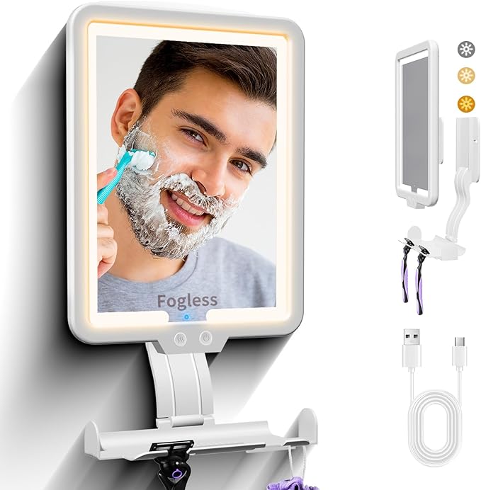 Instant Heated fog free Shower Mirror Fogless for Shaving for Women Makeup Removing,Anti fog Mirror for shower with 3-Color Dimming Light,Rechargeable Lighted Mirror,2Ways Wall Mounted Shower Mirrors