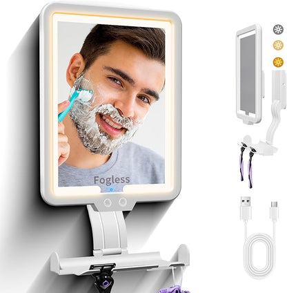 Instant Heated fog free Shower Mirror Fogless for Shaving for Women Makeup Removing,Anti fog Mirror for shower with 3-Color Dimming Light,Rechargeable Lighted Mirror,2Ways Wall Mounted Shower Mirrors