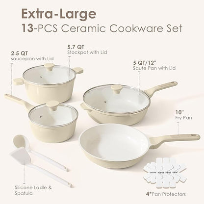 SENSARTE Nonstick Ceramic Cookware Set Large-Size 13-Piece, Healthy Pots and Pans Set, Non-toxic Kitchen Cooking Set with Stay-Cool Handles, PFAS and PFOA Free, Cream White