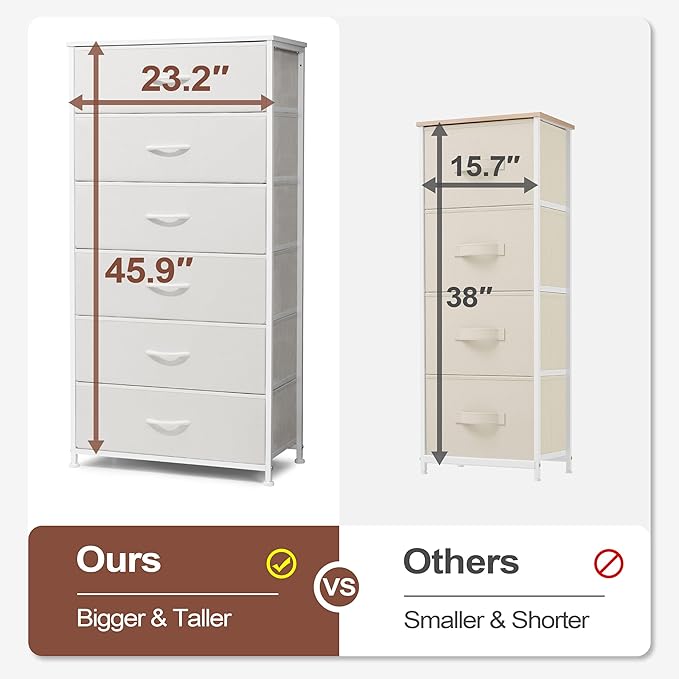 Crestlive Products Dresser for Bedroom with 6 Drawers, Tall Chest of Drawers, White Dressers Bedroom Furniture, Storage Organizer Unit with Bins for Closet, Hallway, Living Room, Entryway