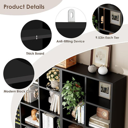FOTOSOK 71'' Tall Bookshelf with 14 Cubes, 7 Tier Double Wide Black Bookshelf with 6 Adjustable Shelves, 19.6" Narrow Bookcase DVD/CD Media Storage, Space Saving Display Shelf Cabinet, Black