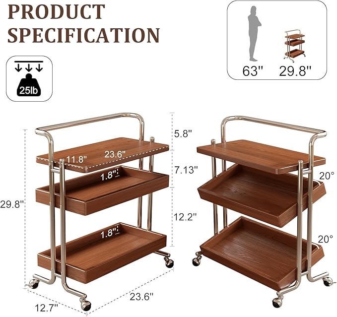 Solid Wood Rolling End Table Cart with Adjustable Storage - 3-Tier Stainless Steel Fame Side Table on Wheels Narrow Bedside Storage Table Small Bar Serving Cart for Living Room