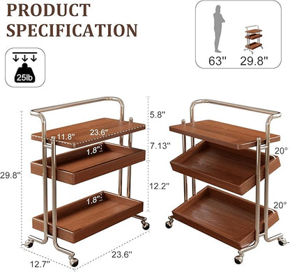 Solid Wood Rolling End Table Cart with Adjustable Storage - 3-Tier Stainless Steel Fame Side Table on Wheels Narrow Bedside Storage Table Small Bar Serving Cart for Living Room