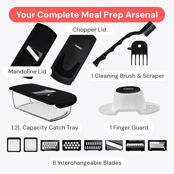 Fullstar All in One Vegetable Chopper and Mandoline Slicer - Food Chopper with Container and Julienne Slicer, Fruit Slicer, Veggie Cutter, Kitchen Gadgets & Gift for Mom (8 in 1, Black)