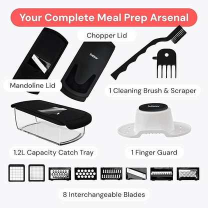 Fullstar All in One Vegetable Chopper and Mandoline Slicer - Food Chopper with Container and Julienne Slicer, Fruit Slicer, Veggie Cutter, Kitchen Gadgets & Gift for Mom (8 in 1, Black)