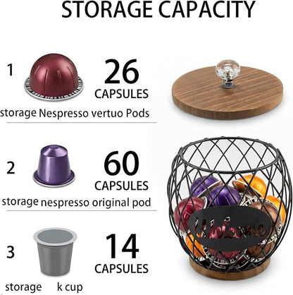 Black Metal Wire Coffee Pod Holder Basket with Wood Base & Lid, Crystal Knob Capsule Organizer Compatible with Nespresso Vertuo, Holds 26 Vertuo or 14 K Cups for Coffee Station Countertop