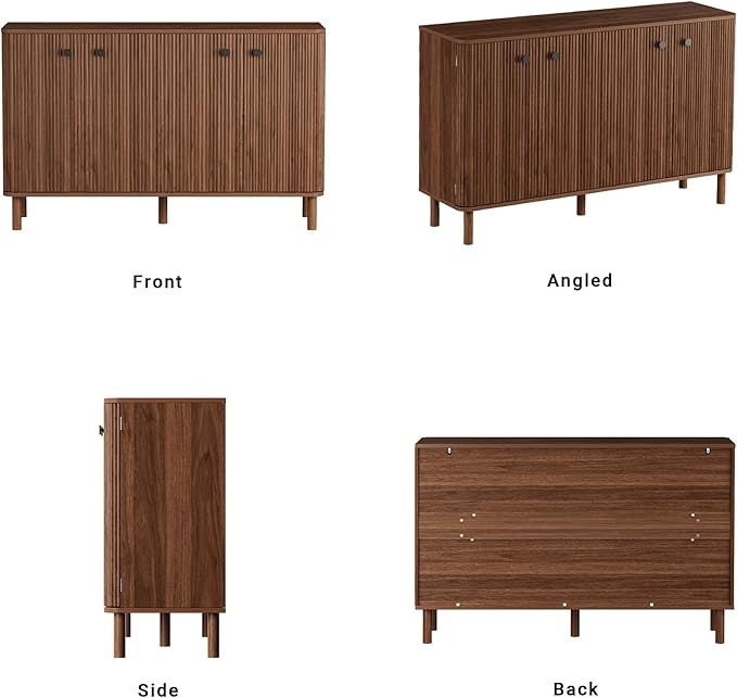 Fluted Sideboard Cabinet, Modern Buffet Cabinet, Storage Cabinet with Adjustable Shelves & Solid Wood Legs, Accent Credenza Sideboard for Kitchen, Coffee Bar, Living Room, Entryway, Hallway