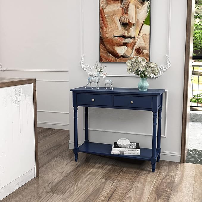 Solid Wood Console Table with 2 Drawers, 2-Tier 35.4" X 30" Accent Sofa Table with Multilayer Storage Shelf Rustic Hall Entryway Tables for Living Room Home Office-Blue