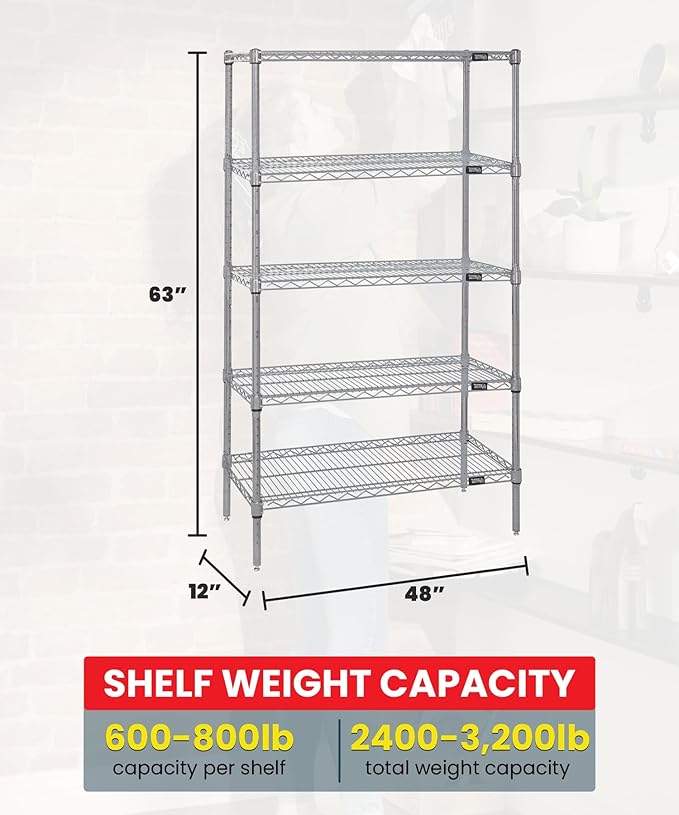 QUANTUM STORAGE SYSTEMS WR63-1248S-5 Starter Kit Wire Shelves Stainless Steel 5 Shelves 63" H x 48" W x 12" D