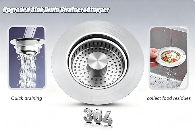 1Count 3-in-1 Kitchen Sink Drain Strainer & Stopper - SUS 304 Stainless Steel Pop Up Plug with Anti-Clog Basket & Odor Prevention, Fits US Standard 3-1/2'' Drain Hole