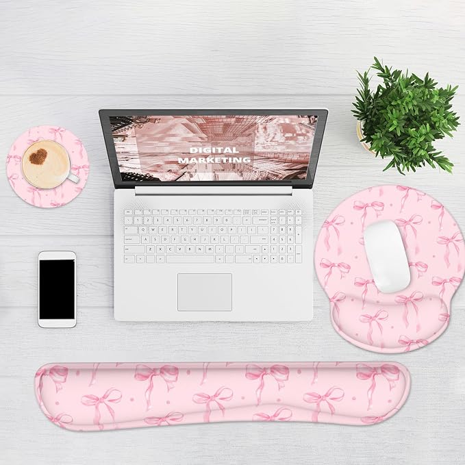 Ergonomic Mouse Pad with Wrist Rest and Keyboard Wrist Rest, Mousepad and Wrist Rest for Computer Keyboard, Non-Slip Rubber Base, Mouse Pad Wrist Support for Gaming, Pink Bow