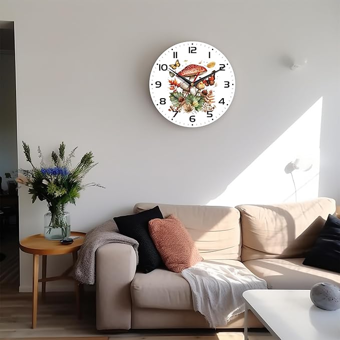 Wall Clock, 10 Inch Silent Non-Ticking Home Kitchen Decor, Battery Operated for Bathroom Bedroom Living Room Office(Mushroom Butterfly)