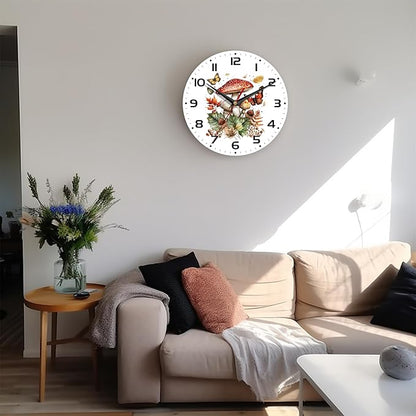 Wall Clock, 10 Inch Silent Non-Ticking Home Kitchen Decor, Battery Operated for Bathroom Bedroom Living Room Office(Mushroom Butterfly)