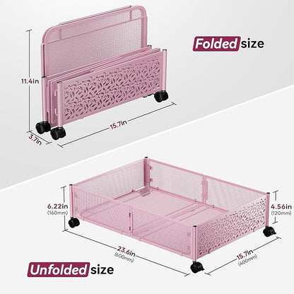 PHINOX Under the Bed Storage Containers with Wheels, Under Bed Storage, Under Bed Shoe Storage Organizer Drawer, Tool-free Assembly Metal Underbed Storage Containers -Pink