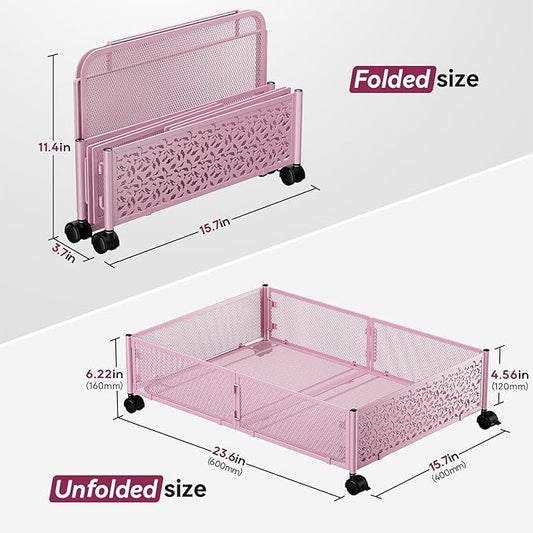 PHINOX Under the Bed Storage Containers with Wheels, Under Bed Storage, Under Bed Shoe Storage Organizer Drawer, Tool-free Assembly Metal Underbed Storage Containers -Pink