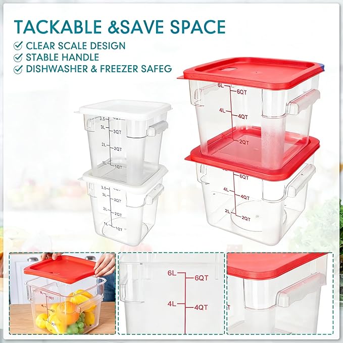 Lallisa 4 Pcs 8 Qt and 4 Qt Clear Food Storage Containers with Lids, Handles and Scales, Commercial Grade Square Containers Polycarbonate Air Tight for Home Storage Kitchen Restaurant(White, Red)