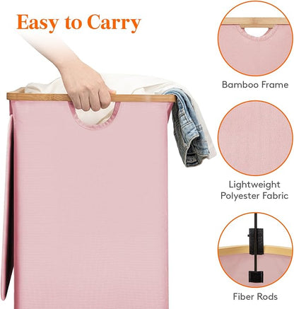 Lifewit 150L Double Laundry Hamper with Lid, Large Laundry Basket with Removable Bag & Bamboo Handles, Fodable Tall Dirty Clothes Hamper for Laundry Collapsible Bin for Bathroom Bedroom Dorm, Pink
