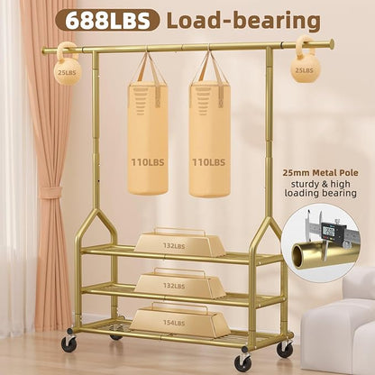 EAGMAK Heavy Duty Clothes Rack Load 688 LBS, Rolling Clothing Rack With 3 Shelves, Adjustable Metal Clothes Hanger with Wheels Portable Wardrobe Organizer Garment Rod for Hanging Clothes (Gold)
