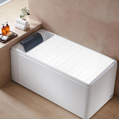 White Wood Grain Foldable Bathtub Cover, PVC Waterproof Dustproof Bath Tub Lid, Heat Preservation Bathroom Tub Tray for Home Hotel Spa (59.06×27.56×0.26in)