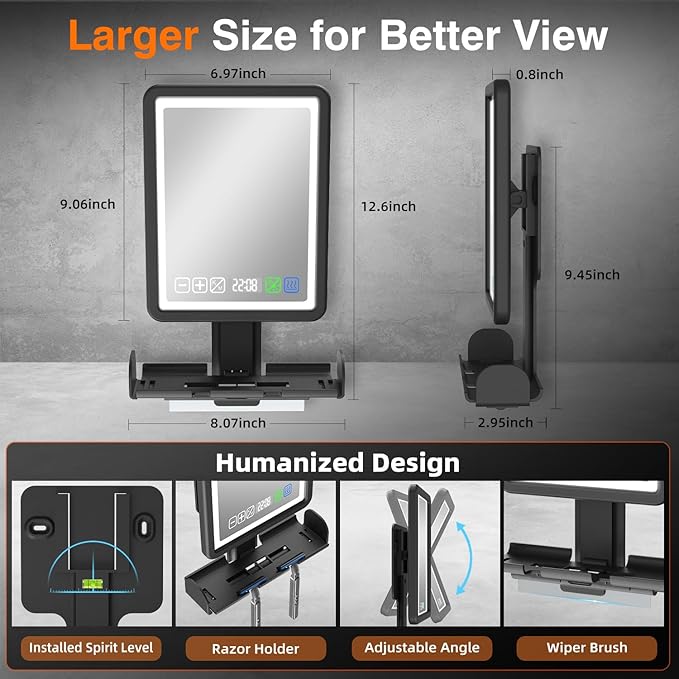 Shower Mirror Fogless for Shaving, LED Heated Rechargeable Fogless Mirror for Shower with Digital Clock & Storage Tray, 3 Color Lighting, Dimmable Touch Screen, Anti-Fog Shaving Mirror for Shower