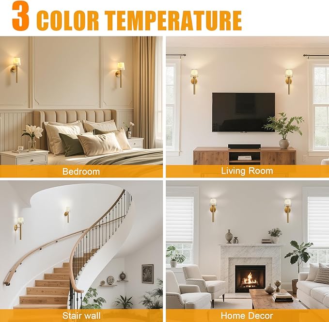 Battery Operated Wall Sconces Set of 2, 5200mAh Gold Rechargeable Wall Lights with 3 Color, Remote Control & Timer Function for Bedroom Living Room Hallway Decor