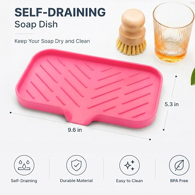 MicoYang Silicone Soap Dish with Drain Spout — Self-Draining Sink Organizer Tray for Bathroom & Kitchen, Sponges, Dispensers & Soap Holder, Non-Slip & Dishwasher Safe, Rose (Medium, 9.6"×5.3")