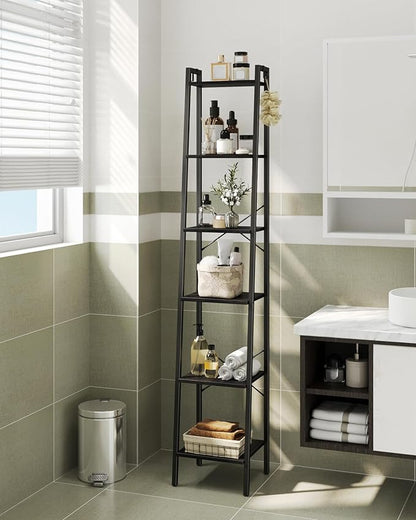 Ladder Shelf, Bookshelf Bookcase, Freestanding Corner Storage Shelve with 2 Hooks for Home Office, Living Room, Kitchen, Bedroom, Industrial, 11.8" D x 13.4" W x 72.8" H, Black BC13304B
