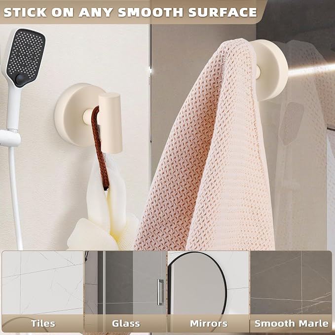 Suction Cup Hooks for Shower - Bathroom Reusable Hooks for Towels, Robes & Loofah - No-Drill Mounting on Kitchen,Walls,Metal,Glass,Mirrors,Tile & Smooth Non-Porous Surfaces (4, Milk White)