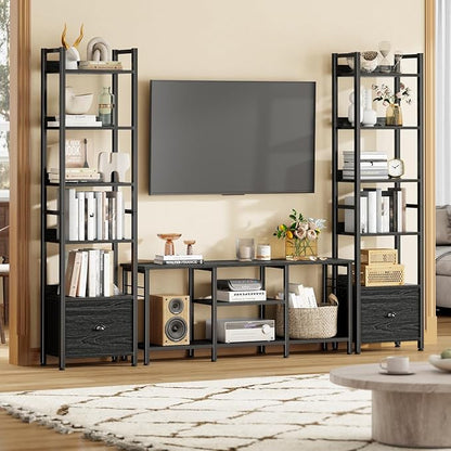 Furologee Book Shelf Set of 2, 6 Tier Tall Shelf with Drawer, Bookshelves and Bookcases Set of 2, Industrial Display Shelving Unit for Bedroom, Living Room, Home Office, Black Oak