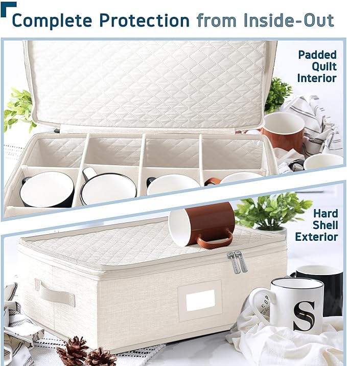 Fine China Storage Containers, 5 Piece Quilted Dish Storage Containers, Mug, Cup, and Plate Dish Organizer with Felt Dividers, Service of 12 Dinnerware Boxes for Moving, Seasonal Organization, Cream