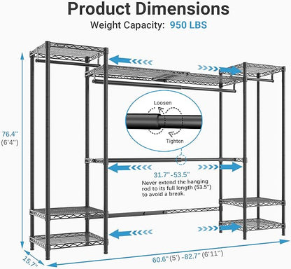 VIPEK X30 Expandable Clothes Rack Adjustable from 5' to 6'11", 950lbs Capacity Heavy Duty Portable Closet Wardrobe with 4 Hanger Rods & 7 Wire Shelves, Metal Closet System for Reach-in Closet, Black
