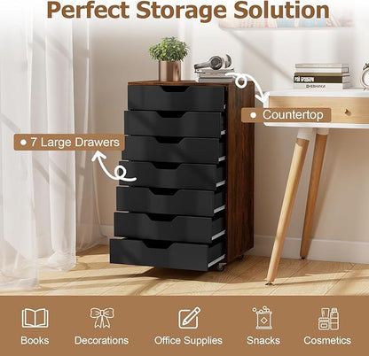 Giantex 7-Drawer Storage Cabinet, Mobile File Organizer with 4 Universal Casters, Wooden Vertical Filing Cabinet on Lockable Wheels for Office, Study, Living Room (19.5” x 16” x 34.5”,Brown+Black)