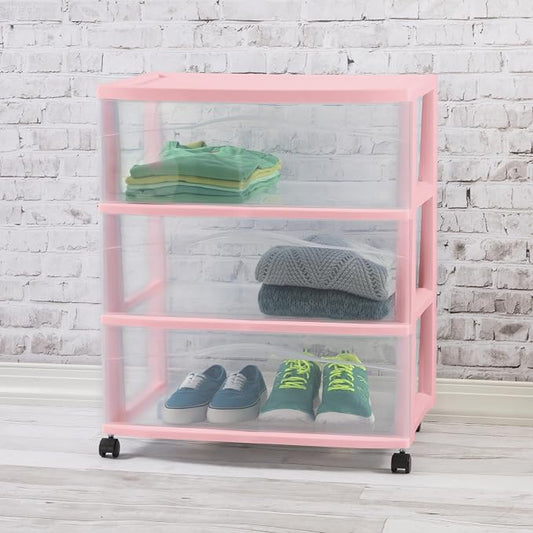 Sterilite Wide Storage Cart, 3 Clear Drawer Plastic Organizer with Wheels, Pink Frost Frame - Rolling Unit for Craft Supplies or Home Accessories