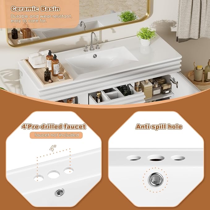 ROOMTEC 48" Bathroom Vanity with Sink, Mid-Century Freestanding Bathroom Vanity Sink with Storage, Undermount Ceramic Sink, Cabinet Particleboard Frame with Wood Grain Laminate, White