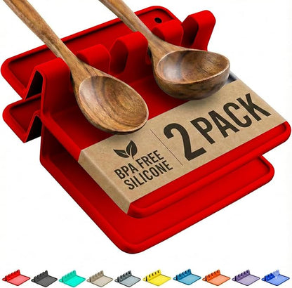 Cooler Kitchen Red Silicone Spoon Rest for Stove Top with Drip Pad (Two Pack) - Heat-Resistant, BPA-Free Utensil Rest & Spoon Holder for Kitchen Counter - Grill Utensil Holder for Spatulas