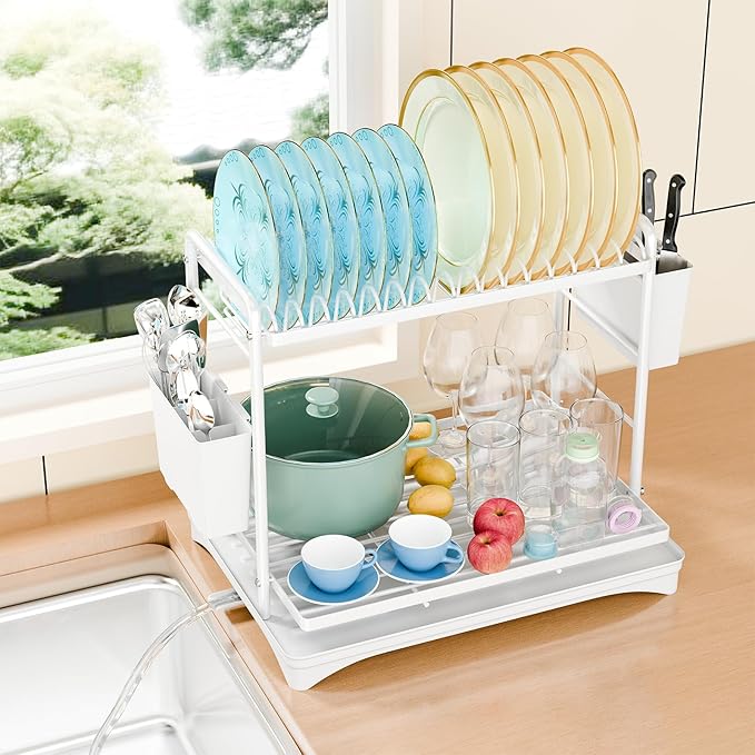 Simple Trending Dish Drying Rack, 2-Tier Dish Rack for Kitchen Counter, Large Dish Drainers Sink Organizers and Storage, White