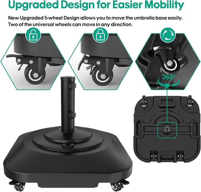 QZER Umbrella Base with 5 Wheels, Upgraded 145lb Umbrella Stand Base, Heavy Duty & Windproof, Fillable Umbrella Base Mobile Umbrella Outdoor for Patio, Deck, Poolside, Lawn, Fits Most Sized Umbrellas