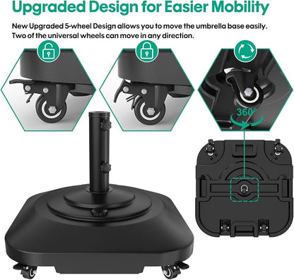 QZER Umbrella Base with 5 Wheels, Upgraded 145lb Umbrella Stand Base, Heavy Duty & Windproof, Fillable Umbrella Base Mobile Umbrella Outdoor for Patio, Deck, Poolside, Lawn, Fits Most Sized Umbrellas