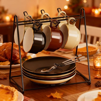 Tea Cups and Saucers Holder,Black Metal Coffee Cup Tea Cups Rack,Organizer for Coffee Cup Spoon and Saucers