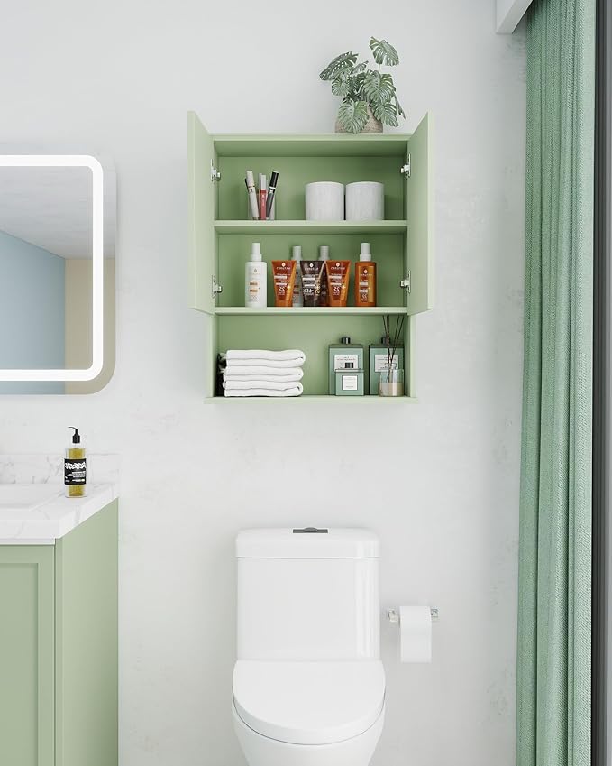 Bathroom Cabinet Wall Mount Buffering Hinge,23"x29" inch Over Toilet Storage Cabinet and Adjustable Shelves, Large Space Wooden Medicine Cabinet (Light Green)