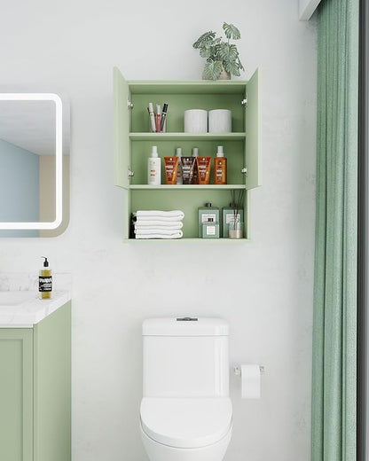 Bathroom Cabinet Wall Mount Buffering Hinge,23"x29" inch Over Toilet Storage Cabinet and Adjustable Shelves, Large Space Wooden Medicine Cabinet (Light Green)