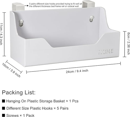 Bedside Caddy Hanging Storage Basket Little Size Plastic Beside Shelf Hang-on Storage Organizer for Collage Dorm Bunk Bed,Changing Table - Bedroom Essentials for Phone,Mini Speaker,Tissues (White)