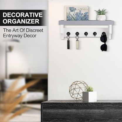 Key and Mail Holder Wall Mount, Key Holder with Shelf and Mail Organizer Wall Mount. Mail Holder with 5 Hooks for Coat, Dog Leash, Home Decor Rack, Entry Way Organizer (Gray & White)