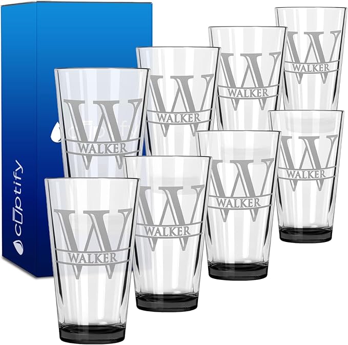 Personalized Beer Glasses Set of 8 Engraved Black 16oz Pint Glasses for Men & Women, Custom Drinking Gift for Birthdays, Weddings, Father’s Day & More